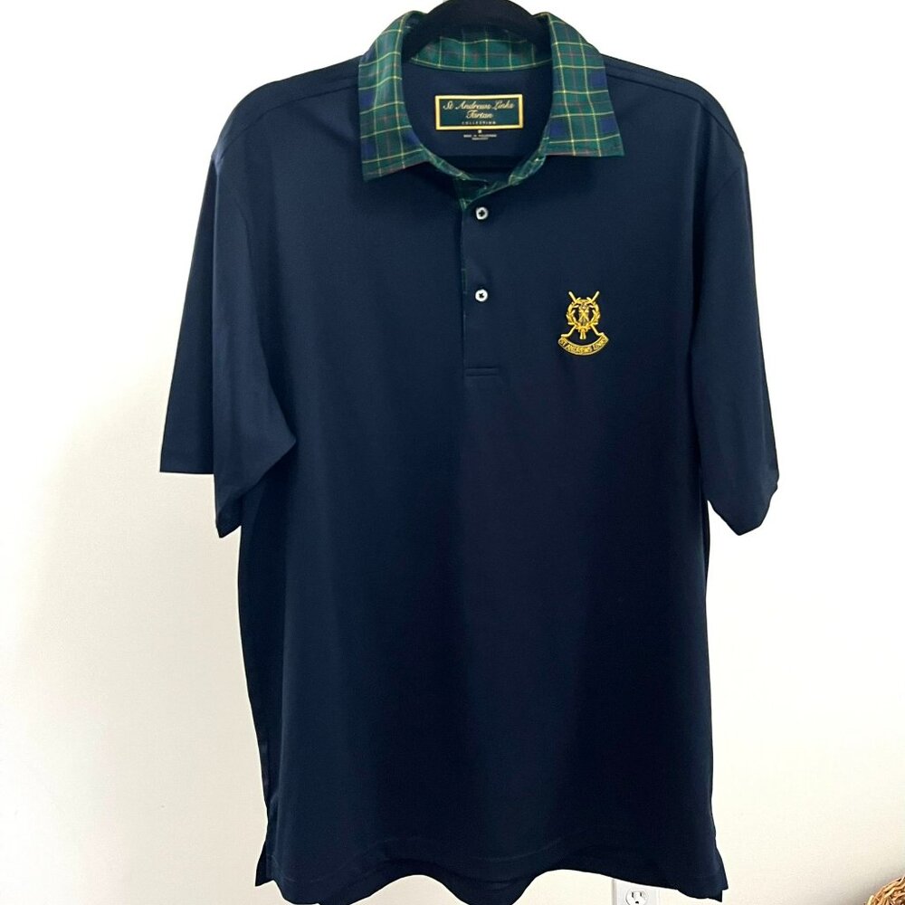 ST ANDREWS LINKS TARTAN COLLECTION Golf Shirt Navy Blue Plaid SS Mens MEDIUM EUC